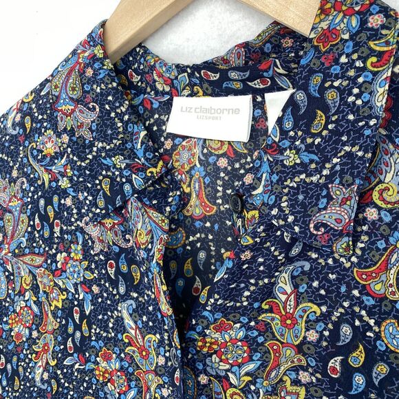 LIZ CLAIBORNE LIZSPORT Top L Floral Paisley Shirt Button Front Rayon Blue - Picture 2 of 13